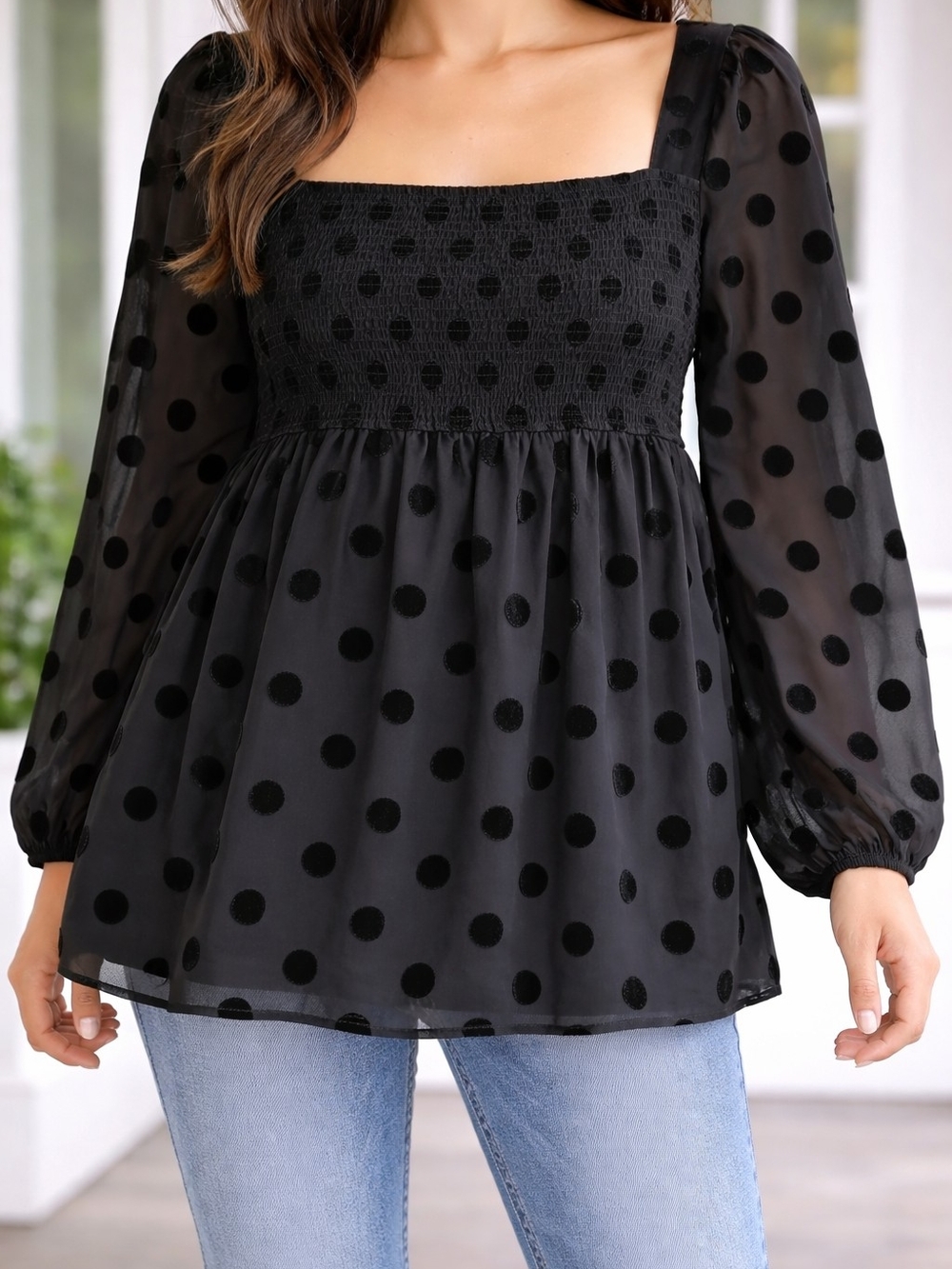 NWT Motherhood Maternity Women’s XXL Black Polka Dot Smocked Babydoll Blouse